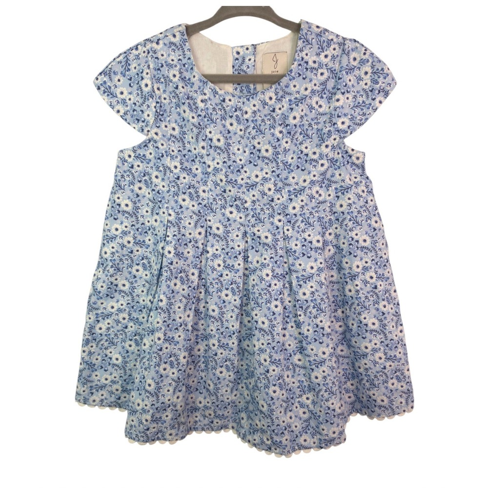 Joie Floral Dress Set Girls 5T Cotton Blue White Flutter Sleeve Pom Pom Trim